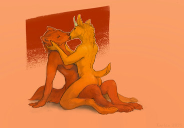 abstract_background anthro breasts butt claws cloven_hooves duo eye_contact female female/female finger_claws fur holding_head hooves horn kissing kneeling looking_at_another nude nude_anthro nude_female on_lap paws pointy_ears prick_ears romantic romantic_couple short_tail sitting sitting_on_lap tail toe_claws karbik_(artist) canid canine canis cervine deer fallow_deer mammal wolf 2025 digital_media_(artwork) signature