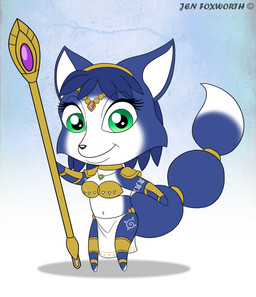 accessory armor bandeau blue_body blue_fur blue_hair bottomwear breasts chibi clothing dipstick_tail eyebrows eyelashes female fur furgonomics gem green_eyes hair jewelry krystal's_staff loincloth looking_at_viewer markings multicolored_body multicolored_fur multicolored_tail navel necklace ring semi-anthro simple_background smile solo staff standing tail tail_accessory tail_jewelry tail_markings tail_ring topwear vambrace white_background white_body white_fur white_inner_ear white_markings white_tail_tip jen_foxworth nintendo star_fox krystal_(star_fox) canid canine fox mammal 2015 absurd_res hi_res