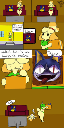 anthro detachable detachable_head dialogue female furniture group headless inside male modular on_sofa opening_package package question_mark sitting sitting_on_sofa sofa speech_bubble text tongue tongue_out trio iwantcheeseburger animal_crossing european_mythology irish_mythology mythology nintendo ankha_(animal_crossing) isabelle_(animal_crossing) rover_(animal_crossing) canid canine canis domestic_cat domestic_dog dullahan felid feline felis mammal shih_tzu toy_dog 2025 comic english_text hi_res