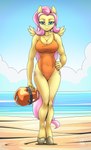 5_fingers anthro anthrofied beach big_breasts biped breasts cleavage clothed clothing cloud detailed_background eyebrows female fingers front_view hair hand_on_hip hooves legs_together lifeguard looking_at_viewer one-piece_swimsuit orange_clothing orange_swimwear pink_eyebrows pink_hair pink_tail sand sea solo swimwear tail teal_eyes unguligrade water wings yellow_body mysticalpha baywatch friendship_is_magic hasbro my_little_pony mythology fluttershy_(mlp) equid equine mammal mythological_creature mythological_equine pegasus 2023 absurd_res digital_drawing_(artwork) digital_media_(artwork) full-length_portrait hi_res portrait