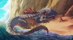 ambiguous_gender beach blue_body blue_scales claws day detailed_background feral group horn lying partially_submerged red_eyes sand scales seaside sky tail water ravoilie capcom monster_hunter bird_wyvern jaggi lagiacrus leviathan_(mh) scalie 2015 digital_media_(artwork) hi_res