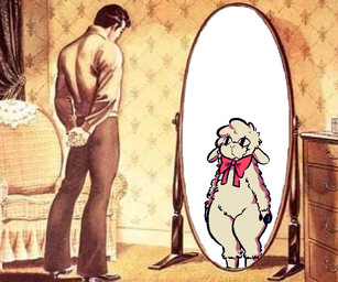 altered_reflection anthro black_hair bottomwear bow_tie chair clothed clothing duo fingers floppy_ears footwear fur furniture hair hooved_fingers hooves light_body light_skin looking_at_another looking_at_mirror looking_at_object male mirror pants pear-shaped_figure red_ribbon reflection shelf shirt shoes size_difference snout topwear white_body white_fur white_wool wide_hips wool_(fur) astonarts nil_(astonarts) bovid caprine human mammal sheep 2026 colored meme shaded