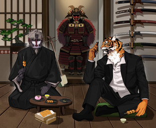 anthro armor black_body black_bottomwear black_clothing black_ears black_footwear black_fur black_pants black_socks black_topwear bottomwear clothing duo eating facial_markings footwear fur grey_hair hair head_markings male markings melee_weapon orange_body orange_fingers orange_fur orange_hands pants samurai_armor shadow sitting socks striped_body striped_face striped_fur stripes sword teeth topwear weapon white_body white_clothing white_fur white_topwear lljh felid haplorhine mammal monkey pantherine primate tiger hi_res