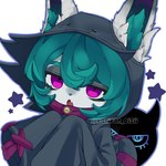 :o anthro buttoned_clothing clothing curly_hair ears_through_headwear eyelashes eyeshadow female female_focus flesh_fang green_hair grey_body hair hands_to_chest hands_together hood hoodie inner_ear_fluff kemono looking_at_viewer makeup multicolored_body open_mouth oversized_sleeves peek pupils purple_eyes short_hair simple_background slit_pupils solo spiral_eyes star topwear tuft twitter_handle white_background nobu_(kanipan_oisii) league_of_legends riot_games tencent shadow_(lol) vex_(lol) shadow_creature yordle 1:1 hi_res