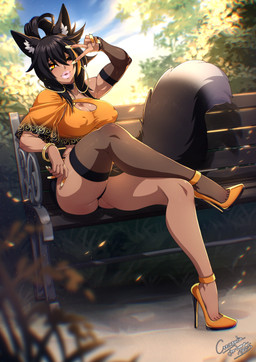 bench big_breasts black_hair breasts cleavage cleavage_cutout clothed clothing colored_nails crossed_legs cutout dipstick_tail ear_piercing ear_ring female footwear gesture hair hand_gesture high_heels hoop_ear_ring lipstick long_nails makeup markings nails nipple_outline one_eye_closed panties piercing ring_piercing shoes solo tail tail_markings underwear upskirt v_sign wink crescentia_fortuna deathblight animal_humanoid canid canid_humanoid canine canine_humanoid fox_humanoid humanoid mammal mammal_humanoid 2025 2026 dated hi_res signature