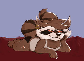 anthro bed brown_body brown_fur butt clothing fur furniture lying male on_front red_eyes shirt short_stack solo speedo swimwear tank_top topwear freakpaws guardians_of_the_galaxy marvel marvel_rivals rocket_raccoon mammal procyonid raccoon absurd_res hi_res