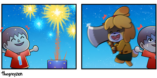 :d anthro axe barefoot big_ears bodily_fluids bottomwear brown_hair buckteeth clothed clothing crossbar_emanata duo emanata eyes_closed feet female fireworks floppy_ears fur hair humor male melee_weapon monotone_bottomwear monotone_clothing monotone_skirt nervous night open_mouth outside pink_tongue raised_arm shirt short_hair skirt smile standing sweat tan_body tan_skin teeth tongue topwear weapon white_body white_fur yellow_body yellow_fur thegreyzen animal_crossing nintendo isabelle_(animal_crossing) villager_(animal_crossing) canid canine canis domestic_dog human mammal shih_tzu toy_dog 2019