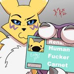 chest_tuft female front_view holding_object license looking_at_viewer nails simple_background smug_face solo text tuft destruteka bandai_namco digimon monsterfucker_license canid digimon_(species) mammal renamon 1:1 2022 english_text meme signature