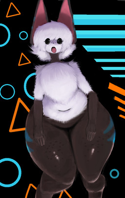 :o abstract_background animal_eyes anthro bangs big_ears black_eyes black_sclera dark_body dark_fur dark_skin digitigrade dot_eyes dot_nose eyelashes female fluffy fluffy_hair freckled_face freckled_legs freckled_thighs freckles fur glistening hair huge_hips huge_thighs looking_at_viewer nude open_mouth plushie-like pointy_ears pouch_(anatomy) rim_light simple_eyes slightly_chubby small_arms solo stripes thick_thighs white_body white_fur wide_hips oddflowered american_opossum canid canine fox hybrid mammal marsupial cool_colors digital_media_(artwork) digital_painting_(artwork) painting_(artwork)