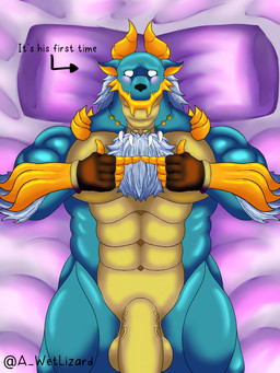 2_horns 5_fingers abs anthro arm_spikes balls barazoku bed bed_sheet bedding big_penis biped bird's-eye_view black_nose blue_body blush bodily_fluids brown_clothing brown_gloves brown_handwear chest_tuft chin_spikes circle_eyes clothing countershade_face countershading directional_arrow embarrassed empty_eyes facial_spikes fingerless_gloves fingers fingers_together flesh_fang front_view fur furniture genitals gloves half-erect handwear high-angle_view horn huge_penis humanoid_genitalia humanoid_penis index_to_index jewelry lying lying_on_bed male male_anthro male_virgin mouth_closed muscular muscular_anthro muscular_male navel necklace nervous non-mammal_balls nude_anthro nude_male on_back on_bed pecs penis pillow purple_pillow shark_tooth_necklace shoulder_spikes shy solo spikes spikes_(anatomy) stated_virginity tears text thick_penis tuft vein veiny_penis virgin white_body white_eyes white_fur yellow_balls yellow_body yellow_countershading yellow_horn a_wetlizard capcom higlafavtfom hopkeeper_games monster_hunter jin_(higlafavtfom) fanged_wyvern scalie zinogre 2025 3:4 artist_name english_text hi_res portrait three-quarter_portrait