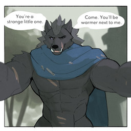 abs anthro big_muscles blurred_background border cape clothing dialogue front_view fur grey_background holding_character holding_viewer looking_at_viewer male muscular muscular_anthro muscular_male nude obliques pecs plant scar simple_background smile solo talking_to_viewer teeth text tree tuft white_border jrjresq elden_ring fromsoftware blaidd_(elden_ring) canid canine canis mammal wolf 1:1 2022 english_text hi_res