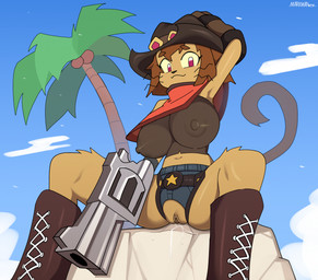 anthro big_breasts bodily_fluids boots breasts brown_hair chaps clothing cowboy_boots cowboy_hat crooked_whiskers crotchless_clothing day female footwear genital_fluids genitals gun gun_arm hair handgun hat headgear headwear huge_breasts looking_at_viewer nipple_outline palm_tree plant poncho ranged_weapon revolver shirt shoes sitting sky solo tail tight_clothing tight_shirt tight_topwear topwear tree vaginal_fluids vulva weapon weapon_arm markmanez gameoverse glitch_productions kit_bodega domestic_cat felid feline felis mammal hi_res
