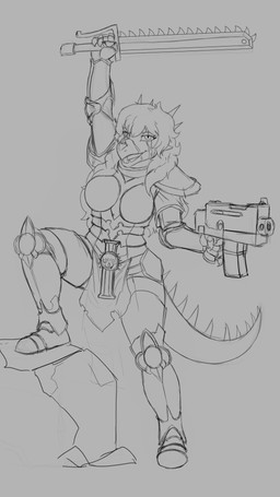 5_fingers anthro armor bottomwear breastplate breasts clothed clothing cosplay crossover_cosplay facial_scar female fingers flesh_fang fully_clothed gauntlets gloves gun hair handwear head_spikes holding_gun holding_melee_weapon holding_object holding_ranged_weapon holding_sword holding_weapon loincloth long_tail looking_at_viewer melee_weapon non-mammal_breasts open_mouth open_smile ranged_weapon scar smile snout solo spiked_tail spikes spikes_(anatomy) standing sword tail tongue weapon prometheuzone goodbye_volcano_high ko_op_(game_developer) warhammer_(franchise) warhammer_40000 rosa_(gvh) aquilops ceratopsian dinosaur marginocephalian ornithischian prehistoric_species reptile scalie 9:16 crossover hi_res monochrome sketch