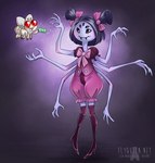 anthro black_hair bow_ribbon clothing dress duo fangs female feral footwear hair high_heels leggings legwear money multi_arm multi_limb red_eyes shoes teeth rotarr undertale undertale_(series) muffet rotarr_(character) arachnid arthropod fly_(animal) insect spider 2015