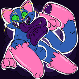 animal_genitalia anthro balls big_penis blue_body blue_fur claws fangs fur genitals glistening glistening_body green_sclera humanoid_genitalia humanoid_penis male outline penis pink_body pink_fur purple_penis purple_tongue sharp_teeth sheath solo tail tail_mouth teeth tongue unusual_anatomy unusual_tail whiskers theenyface futret_(theenyface) domestic_cat felid feline felis mammal 1:1 aliasing digital_drawing_(artwork) digital_media_(artwork) flat_colors