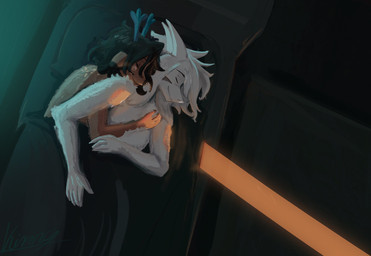 2_horns anthro antlers black_hair blue_antlers duo female fur hair horn hug intimate male male/female romantic romantic_couple sleeping under_covers white_body white_fur white_hair magic_kinny deltarune undertale undertale_(series) asriel_dreemurr dess_holiday bovid caprine deer goat mammal new_world_deer reindeer hi_res