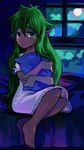 2016 5_fingers 5_toes bed bedding blanket clothed clothing detailed_background elf extyrannomon_(artist) feet female fingers furniture green_eyes green_hair hair hi_res humanoid humanoid_pointy_ears looking_at_viewer moon nightgown not_furry pillow pillow_hug plant solo straviios teary_eyes toes tree window