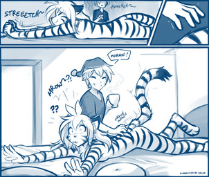 anthro bed bedroom breasts casual_nudity chest_tuft clothed clothed_human clothed_male clothing coffee_cup container cup dialogue digitigrade duo female fur furniture grin hat headgear headwear inside looking_pleasured lying male male/female nightcap nude nude_anthro nude_female on_bed on_front pajamas pillow question_mark rubbing_tail scratching_butt shirt side_boob smile spread_arms spread_legs spreading stretching striped_body striped_fur stripes surprised text topwear tuft conditional_dnp tom_fischbach twokinds flora_(twokinds) trace_legacy felid human keidran mammal pantherine tiger 2025 blue_and_white comic english_text hi_res monochrome sketch