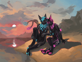 anthro beach black_body black_fur blue_body blue_eyes blue_fur blue_hair blue_pawpads breasts claws duo feet female fur hair hug looking_at_another male markings nude pawpads paws pink_body pink_claws pink_eyes pink_fur romantic seaside sitting sky smile sunset tail tail_tuft toes tuft hilyasp mythology dragon mythological_creature mythological_scalie scalie absurd_res hi_res