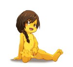 anthro blush braided_hair brown_eyes brown_hair female flat_chested genitals hair long_hair looking_at_viewer navel nipples nude pussy sitting solo spread_legs spread_pussy spreading yellow_body young young_anthro young_female yojoo bianca_barcelo amphibian frog