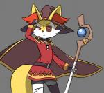 anthro bandage clothed clothing eye_patch eyewear female grey_background hat headgear headwear red_eyes simple_background solo staff standing kingdxvi konosuba:_god's_blessing_on_this_wonderful_world! nintendo pokemon megumin_(konosuba) braixen generation_6_pokemon pokemon_(species)