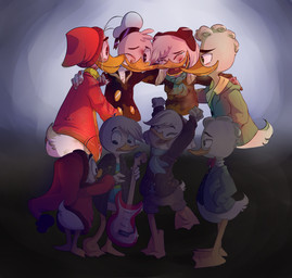 beak bodily_fluids bottomwear clothing crying electric_guitar female group guitar hand_in_pocket hat headgear headwear holding_guitar holding_musical_instrument holding_object jacket male musical_instrument plucked_string_instrument pockets raised_arm scarf shorts string_instrument tears topwear yellow_beak hey-erika disney ducktales ducktales_(2017) della_duck donald_duck fethry_duck gladstone_gander anatid anseriform avian bird duck 2019 absurd_res hi_res brother_(lore) brother_and_sister_(lore) cousins_(lore) sibling_(lore) sister_(lore)