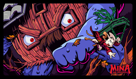 3_toes 4_fingers action_pose angry anthro barefoot black_border blue_body blue_skin border bottomless clothed clothing coat coffin dodging duo feet female fight fingers fur leaf logo male maple_leaf notched_ear open_mouth outside plant pose punch red_eyes shield size_difference tail teeth toes topwear tree unusual_weapon warts weapon white_body white_fur morgan_guyer mina_the_hollower yacht_club_games madd_house_(mina_the_hollower) mina_(mina_the_hollower) animate_inanimate mammal monster mouse murid murine rodent digital_media_(artwork) hi_res official_art