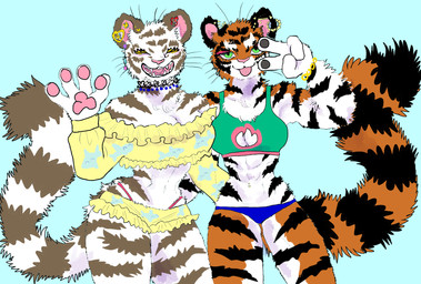 abs anthro blue_clothing bottomwear bracelet breasts clothed clothing crop_top duo ear_piercing ear_ring female fluffy fluffy_tail fur gesture green_eyes hand_gesture jewelry leucistic looking_at_viewer markings midriff muscular muscular_female navel navel_piercing necklace open_mouth orange_body orange_fur panties pawpads piercing ring_piercing shirt shorts simple_background smile striped_body striped_fur striped_markings striped_tail stripes tail tail_markings teeth tongue tongue_out tongue_piercing topwear underwear v_sign white_body white_fur yellow_eyes kyokyota felid mammal pantherine tiger 2020 digital_drawing_(artwork) digital_media_(artwork) hi_res shaded
