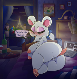 accessory alcohol anthro anthrofied anus bed beverage big_breasts big_butt blush bow_(feature) bow_accessory bow_ribbon bread breasts butt butterfly_knife cheese dairy_products dialogue female food france french fur furniture genitals hair_accessory hair_bow hair_ribbon inside knife nipples nude pink_nipples ribbons solo text thick_thighs vulva white_body white_fur wide_hips wine iguanasarecool hamtaro_(series) bijou_(hamtaro) cricetid hamster mammal rodent french_text hi_res translated