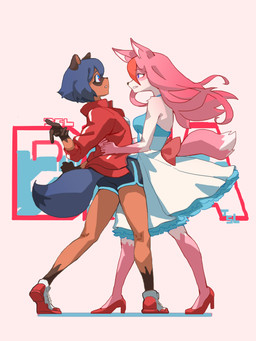 anthro blue_body blue_eyes blue_hair breasts brown_body brown_fur clothed clothing dancing female fluffy fluffy_tail footwear fur hair high_heels jacket long_hair multicolored_body multicolored_eyes multicolored_fur pink_body pink_eyes pink_fur pink_hair shoes short_hair tail text topwear white_body white_fur crom_cellscream brand_new_animal studio_trigger michiru_kagemori nazuna_hiwatashi canid canine fox mammal raccoon_dog tanuki 2020 3:4 absurd_res english_text hi_res