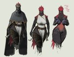 anthro armor bag beak black_body black_feathers boots bottomwear bundle clothed clothing fake_breasts feathers featureless_crotch female footwear headgear helmet loincloth nude red_body red_feathers shoes solo straps straps_across_chest tail tail_feathers text thick_thighs wide_hips glewes avian bird english_text hi_res