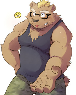 anthro biceps biped blep blonde_hair blush bodily_fluids bottomwear brown_body brown_fur camo camo_print cargo_shorts chest_tuft clothing emoji eyewear fur glasses hair kemono looking_at_viewer male mohawk muscular muscular_anthro muscular_male offering_hand one_eye_closed pecs shirt shorts simple_background slightly_chubby smile solo sweat tank_top tongue tongue_out topwear tuft white_background wink shiike999 bear mammal 2015 4:5 hi_res