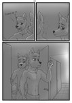 aariel_(wolfyalex96) anthro axel_(wolfyalex96) bathroom clothed clothing comic dialogue digital_media_(artwork) duo hi_res inside jewelry male male/male medibang_paint_(artwork) monochrome navel necklace nipples public_restroom restroom_stall spanish_text teeth text toilet tongue topless topless_male translated wolfyalex96