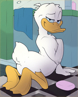 all_fours anthro avian_butt beak bedroom_eyes butt feathers feet half-closed_eyes looking_at_viewer looking_back looking_back_at_viewer male male_anthro membrane_(anatomy) monobutt narrowed_eyes nude seductive smile soap solo tail tail_feathers toes webbed_feet white_body white_feathers juicyberta meraence disney donald_duck anatid anseriform avian bird duck hi_res