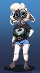 anthro big_breasts biped black_clothing black_shirt black_topwear blue_bottomwear blue_clothing blue_eyes blue_shorts bottomwear bra_strap breasts clothed clothed_anthro clothed_female clothing cloven_hooves cutoffs denim denim_bottomwear denim_clothing eyewear female female_anthro fingers front_view fully_clothed glasses gradient_background hair hand_on_hip hand_on_own_hip hooved_fingers hooved_plantigrade hooved_toes hooves horizontal_pupils looking_at_viewer open_mouth plantigrade print_clothing print_shirt print_t-shirt print_topwear pupils shirt shorts simple_background solo standing t-shirt teeth text text_on_clothing text_on_shirt text_on_topwear tongue topwear white_ears white_hair siroc i_want_to_believe the_x-files abigail_(seolsaw) bovid caprine mammal sheep 2021 absurd_res english_text full-length_portrait hi_res portrait signature