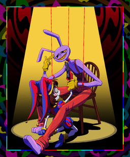 anthro barefoot brown_hair chair clothing clown duo feet female fool's_hat furniture gloves hair handwear hat headgear headwear jester male overalls pained_expression paws pointing_gun purple_body red_string spotlight stare suicidal_ideation white_body white_skin beastgoddk glitch_productions the_amazing_digital_circus jax_(tadc) pomni_(tadc) humanoid lagomorph leporid mammal rabbit aliasing colored digital_media_(artwork)