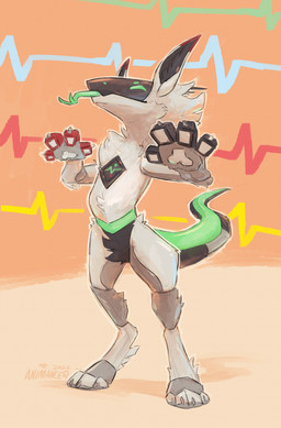 crotch_tuft defibrillator digitigrade forked_tongue fur green_eyes grey_body machine medical_instrument pointy_ears scientific_instrument simple_background solo standing tongue tongue_out tuft animancer y2_(y2k4y) mantled_beast robot robot_anthro 2026 hi_res