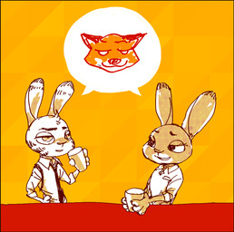 accessory anthro beverage border clothed clothing container cup dialogue duo female fur happy humor male necktie shirt smile speech_bubble stripes topwear yellow_border unknown_artist disney zootopia jack_savage judy_hopps canid canine fox lagomorph leporid mammal rabbit low_res pictographics source_request