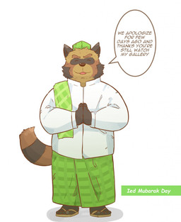 anthro brown_body brown_fur clothed clothing eyes_closed fur hat headgear headwear humanoid_hands kemono male simple_background solo text white_background andikapatok canid canine mammal raccoon_dog tanuki 2015 english_text hi_res
