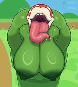 areola bent_over big_breasts big_butt bodily_fluids breasts butt detailed_background eyeless female front_view glistening glistening_body glistening_breasts glistening_tongue green_areola green_body green_breasts green_nipples heart_symbol huge_breasts huge_butt lips nipples not_furry open_mouth outside plant saliva sharp_teeth solo teeth tongue tongue_out warp_pipe white_lips dvdshka mario_bros nintendo elemental_creature elemental_humanoid flora_fauna humanoid piranha_plant plant_humanoid hi_res