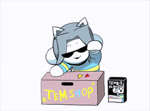 anthro box cardboard cardboard_box cereal_box clothed clothing container dancing eyewear front_view grey_hair hair music shirt simple_background sunglasses text topwear white_background white_body trcoot undertale undertale_(series) temmie_(undertale) canid canine felid feline mammal tem 2016 animated loop short_playtime sound webm