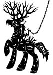 antlers chain fangs feral fetlocks hook hook_on_chain hooves horn impalement male mane ponification quadruped raised_hoof side_view silhouette simple_background solo tail_eye teeth unguligrade white_background sunnyclockwork hasbro my_little_pony scp_foundation scp-2317-k equid equine horse mammal pony 2015 black_and_white digital_drawing_(artwork) digital_media_(artwork) hi_res monochrome