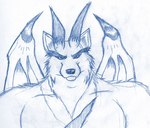 anthro fur horn male scar simple_background solo wings reddragonkan canid canine canis demon hybrid mammal wolf character_request traditional_media_(artwork)