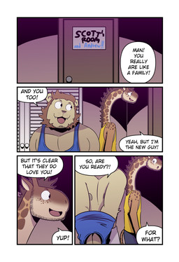 anthro blue_clothing blue_shirt blue_topwear bottomwear brown_body brown_mane clothing cute_fangs dialogue door duo fangs four_frame_image horn inside long_neck looking_at_another male mane nipples oblivious ossicone removing_shirt shirt speech_bubble tank_top teeth text topwear undressing yellow_body yellow_clothing yellow_shirt yellow_topwear t0l0k andrew_(t0l0k) scott_(t0l0k) felid giraffe giraffid lion mammal pantherine comic english_text hi_res