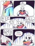 2016 aftertale animated_skeleton bone clothing comic creepy_smile dialogue english_text jacket loverofpiggies male not_furry one_eye_closed papyrus_(undertale) sans_(undertale) scarf skeleton smile teeth text topwear undead undertale undertale_(series) wink