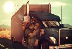 anthro balls beard biceps big_muscles biped cigar facial_hair flaccid genitals harness humanoid_genitalia humanoid_penis leather_daddy looking_at_viewer male musclegut muscular muscular_anthro muscular_male nude outside penis slightly_chubby smoke smoking solo standing truck_(vehicle) trucker vehicle vetrowolf mastertrucker bear mammal source_request