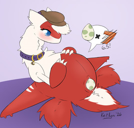 belly big_belly blush clothing collar egg female female_feral feral fluffy fluffy_tail genitals gradient_background hand_on_belly hat headgear headwear lying number on_back oviposition pokemon_egg pregnant pregnant_female pregnant_feral purple_background red_body simple_background solo tail vaginal_oviposition vulva white_body kerilyn nintendo pokemon generation_3_pokemon latias legendary_pokemon pokemon_(species) 2026 hi_res