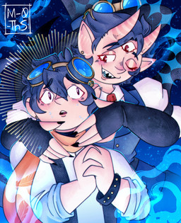 2_horns 3_eyes ambiguous_gender blue_tongue bracelet clothed clothing duo eyewear eyewear_on_head fingerless_gloves fully_clothed gloves goggles goggles_on_head handwear hat headgear headwear horn jewelry multi_eye nails one_eye_closed scarf sharp_nails sharp_teeth teeth tongue top_hat wink m-0-ths drawfee_(copyright) sky_(drawfee) tumbly_sexlerman demon demon_humanoid horned_humanoid human humanoid mammal hi_res