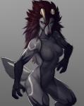 anthro black_body black_fur breasts brown_hair featureless_breasts female fur grey_body grey_fur hair horn nude red_eyes solo white_body white_fur black-kalak monster_rancher tecmo canid canine mammal tiger_(monster_rancher) 2015