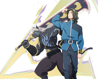 abs anthro armor biceps black_body black_fur black_hair bottomwear clothing duo ear_piercing ear_ring fur greatsword hair long_hair male melee_weapon muscular muscular_anthro muscular_male pants pauldron pecs piercing red_eyes ring_piercing sword weapon white_hair sh1ron2 bandai_namco digimon digimon_beatbreak kyo_sawashiro digimon_(species) felid human mammal murasamemon pantherine 5:4 hi_res